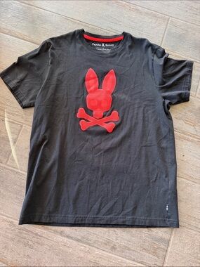 Psycho Bunny Black Tee with Red Skull Bunny Graphic